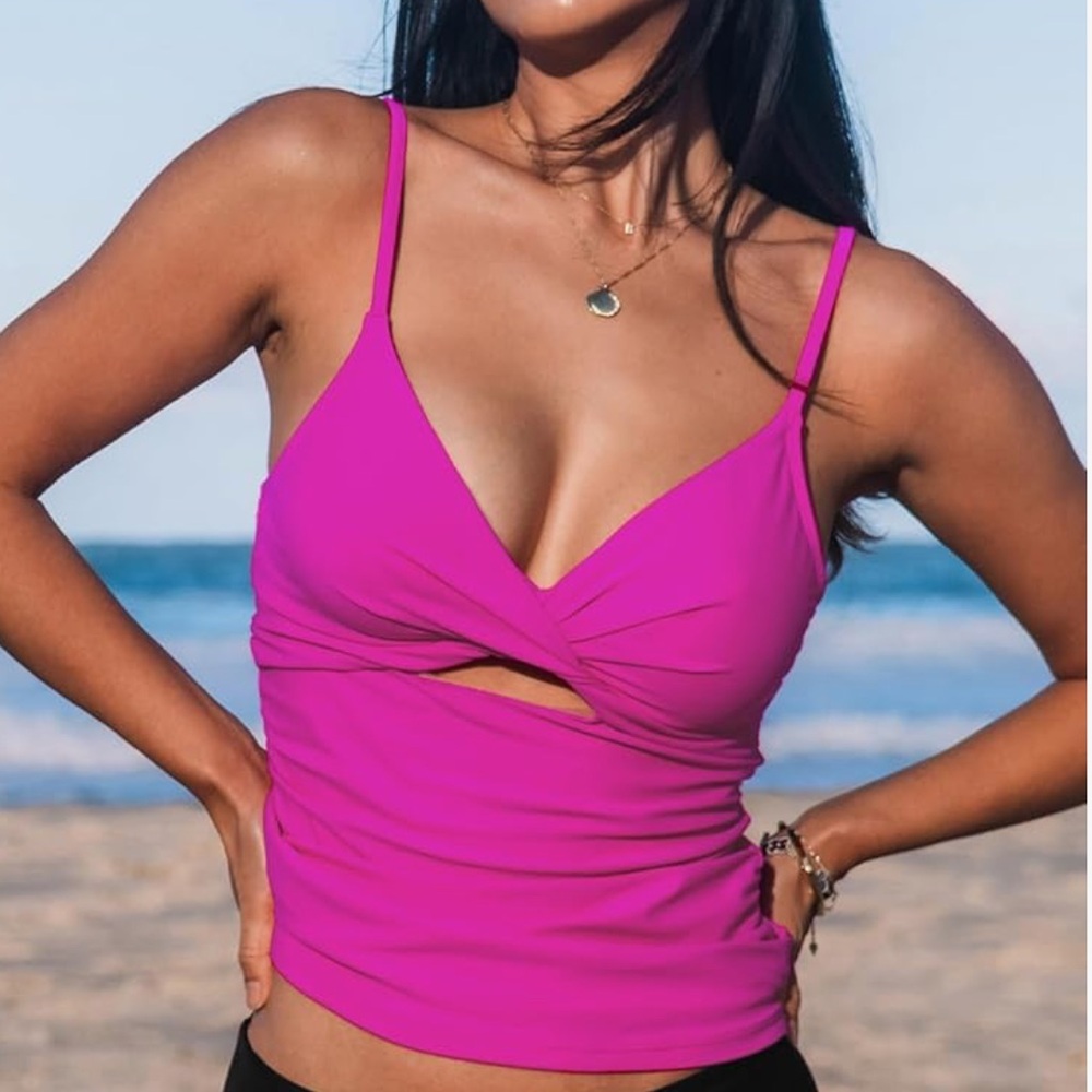 Cupshe Magenta Ruched V Neck Cut Out Tankini Top